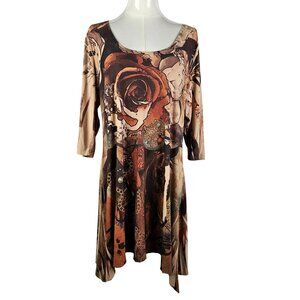 Fantazia Vintage Medium Boho Floral Dress Horse Western Cowgirl Tan Asymmetrical